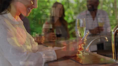 Animation-of-statistical-data-processing-over-caucasian-woman-smiling-while-using-smartphone-at-bar