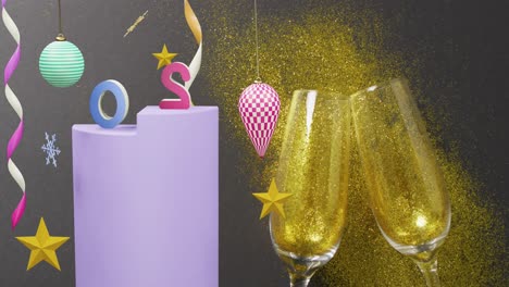 Animation-of-2024-text-and-christmas-decorations-with-champagne-glasses-in-background