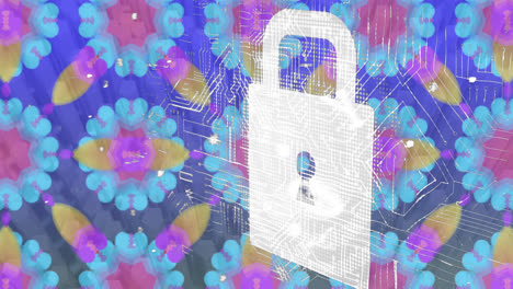 Animation-of-computer-data-processing-over-padlock-and-flowers
