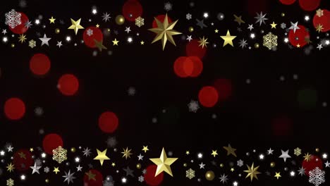 Animation-of-stats-falling-over-christmas-decorations-on-black-background