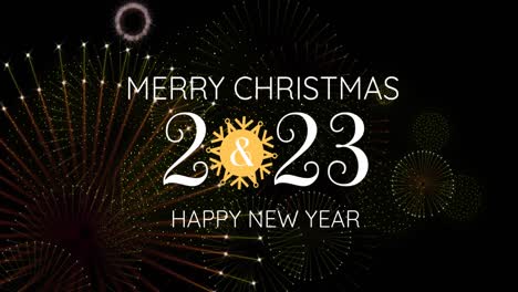 Animación-De-Feliz-Navidad-2023-Feliz-Año-Nuevo-Texto-Sobre-Fuegos-Artificiales-Sobre-Fondo-Negro
