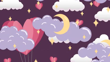 Animation-of-clouds-and-stars-with-moons-over-hearts-on-purple-background