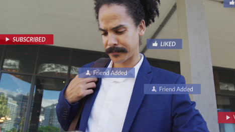 Animation-of-social-media-icons-with-texts-over-biracial-businessman-using-tablet