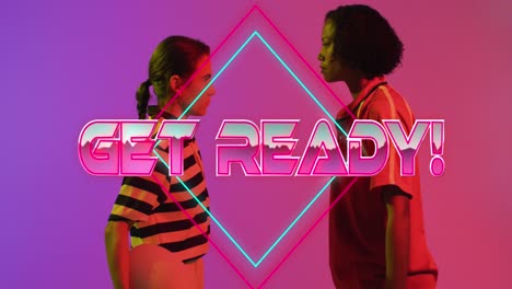 Animation-Von-„Get-Ready“-Text-über-Rugbyspielerinnen-Auf-Neonfarbenem-Hintergrund