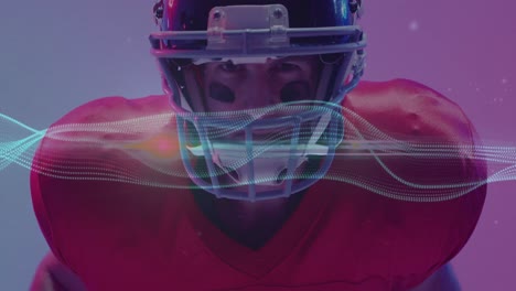 Animation-of-multiple-light-trails-over-american-football-player-on-neon-background
