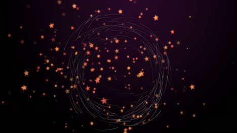 Animation-of-orange-star-icons-over-spinning-light-trails-against-black-background