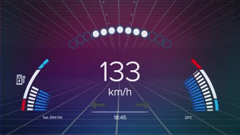 Animation-of-speedometer-over-grid-network-against-purple-gradient-background