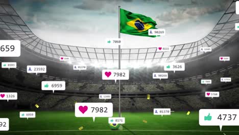 Animation-of-social-media-icons-and-confetti-falling-over-waving-brazil-flag-against-sports-stadium