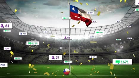 Animation-of-social-media-icons-and-confetti-falling-over-waving-texas-flag-against-sports-stadium