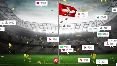Animation-of-social-media-icons-and-confetti-falling-over-waving-switzerland-flag-and-sports-stadium