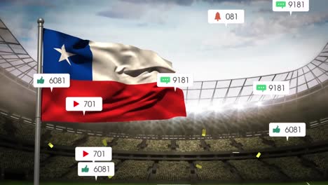 Animation-of-social-media-icons-and-confetti-falling-over-waving-texas-flag-against-sports-stadium