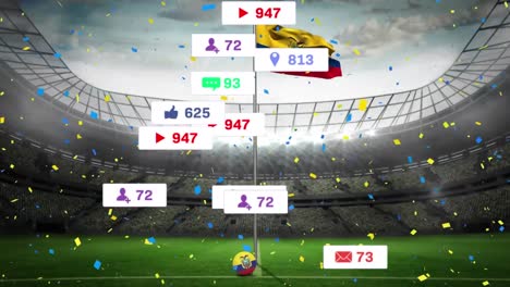 Animation-of-social-media-icons-and-confetti-falling-over-waving-ecuador-flag-and-sports-stadium