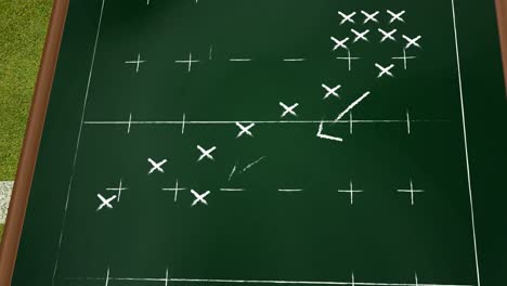 Animation-of-football-game-strategy-on-black-chalkboard-against-green-grass