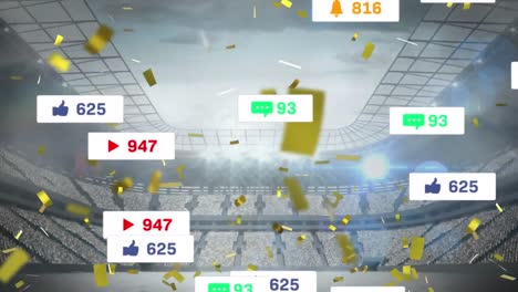 Animation-of-multiple-media-icons-and-golden-confetti-falling-against-sports-stadium