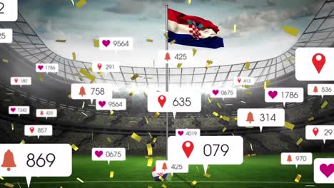 Animation-of-social-media-icons-and-confetti-falling-over-waving-croatia-flag-against-sports-stadium