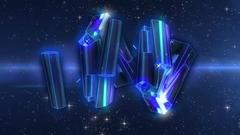 Animation-of-blue-crystal-shapes-moving-against-glowing-light-trail-and-shining-stars-in-space