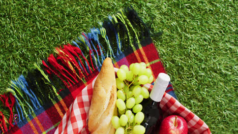Picknickkorb-Mit-Karierter-Decke,-Obst,-Brot-Und-Wein-Auf-Gras-Mit-Platz-Zum-Kopieren