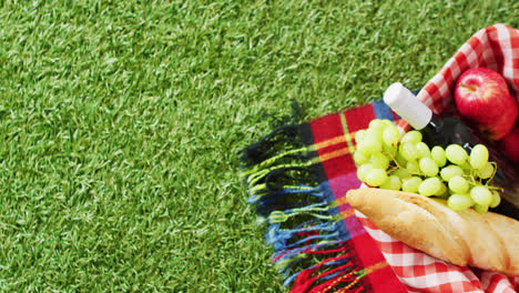 Picnic-basket-with-checkered-blanket,-fruits,-bread-and-wine-on-grass-with-copy-space