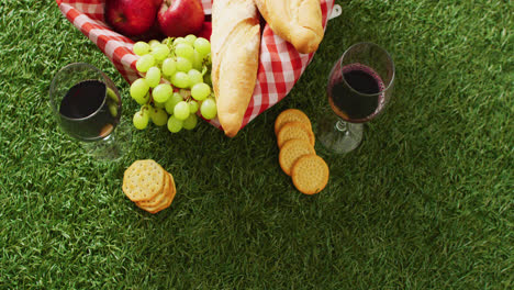 Picnic-basket-with-checkered-blanket,-fruits,-bread,-crackers-and-wine-on-grass-with-copy-space
