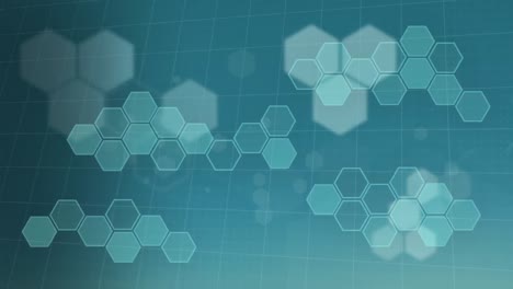 Animation-of-scientific-network-of-hexagons-over-grid-on-blue-background