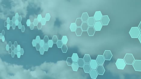 Animation-of-scientific-network-of-hexagons-over-clouds-on-blue-background