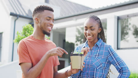 Happy-african-american-couple-with-plant-sprout-in-backyard