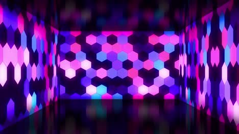 Animation-of-flickering-multi-coloured-neon-hexagon-pattern-on-black-background
