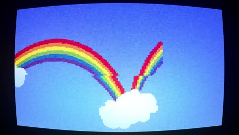 Animation-of-rainbows-and-white-clouds-on-blue-screen-with-glitch