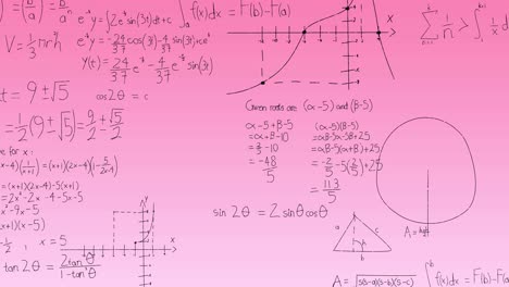 Animation-of-mathematical-equations-and-diagrams-floating-against-pink-gradient-background