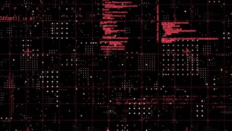 Animation-of-data-processing-over-grid-network-against-rows-dots-pattern-on-black-background
