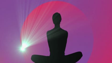 Animation-of-light-spot-over-silhouette-of-a-woman-in-yoga-pose-against-purple-gradient-background