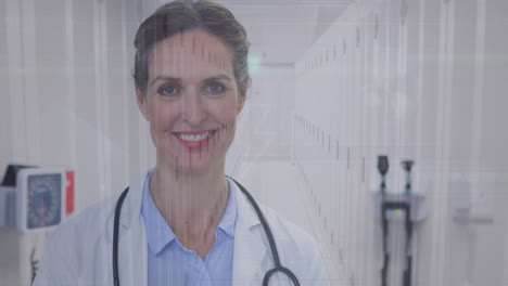 Animation-of-lightning-icon-in-circle-over-caucasian-female-doctor-with-clipboard-over-server-room
