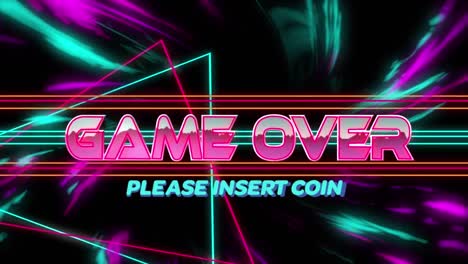 Animation-of-glitch-effect-over-game-over-text-banner-against-green-and-purple-digital-waves