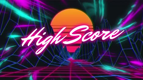 Animation-of-purple-digital-waves-over-high-score-text-banner-against-metaverse-structures