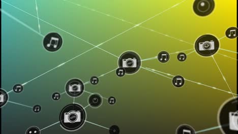 Animation-of-network-of-digital-icons-against-green-and-yellow-gradient-background