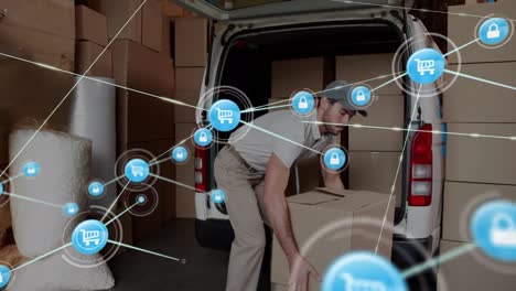 Animation-of-network-of-digital-icon-over-caucasian-male-delivery-man-stacking-boxes-in-delivery-van