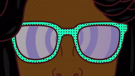 Animation-of-close-up-of-woman-wearing-sunglasses-against-concentric-circles-on-purple-background