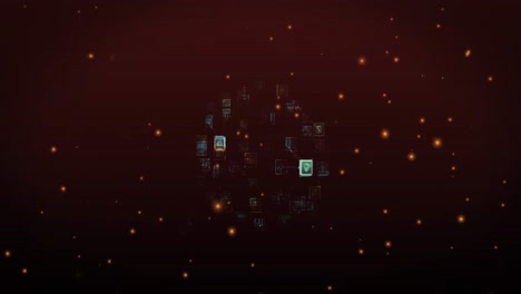 Animation-of-glowing-spots-floating-over-globe-of-digital-icons-against-red-background