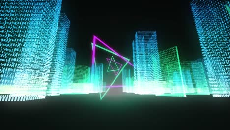 Animation-of-neon-shapes-moving-and-digital-city-on-black-background