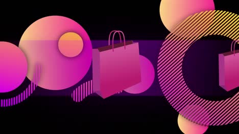 Animation-Von-Einkaufstüten-Und-Neonkreisen-Auf-Schwarzem-Hintergrund