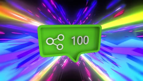 Animation-of-social-media-share-icon-and-number-on-green-speech-bubble-on-multi-coloured-background