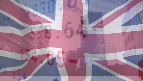 Animation-of-flag-of-uk-over-stock-market-and-cityscape