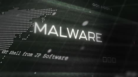 Animation-Von-Malware-Text-über-Weltkarte-Und-Datenverarbeitung-Auf-Schwarzem-Hintergrund