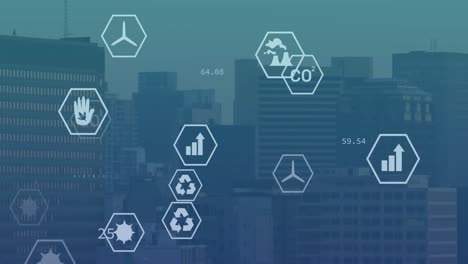 Animation-of-icon-in-hexagons-and-computer-knowledge-over-modern-city-in-background