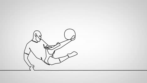 Animation-of-drawing-of-male-soccer-player-kicking-ball-on-white-background