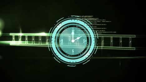 Animation-Der-DNA-Helix-über-Uhr-Und-Computersprache-Vor-Abstraktem-Hintergrund