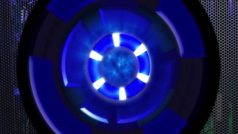 Animation-of-blue-round-scanner-spinning-against-close-up-of-a-computer-server