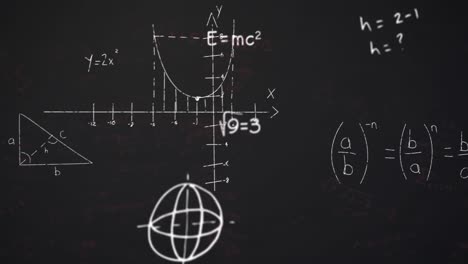 Animation-of-mathematical-equations-and-diagrams-floating-against-black-chalkboard-background