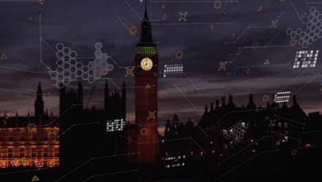 Animation-of-data-processing-against-aerial-view-of-big-ben-tower-at-night