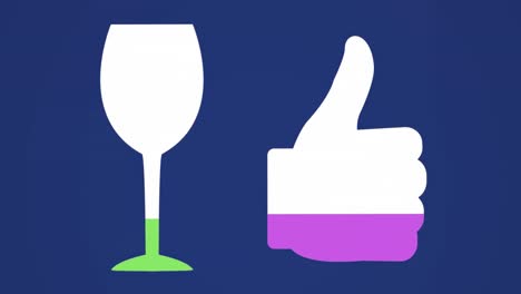 Animation-of-filled-wine-glass-and-thumb-icons-with-green-and-purple-colours